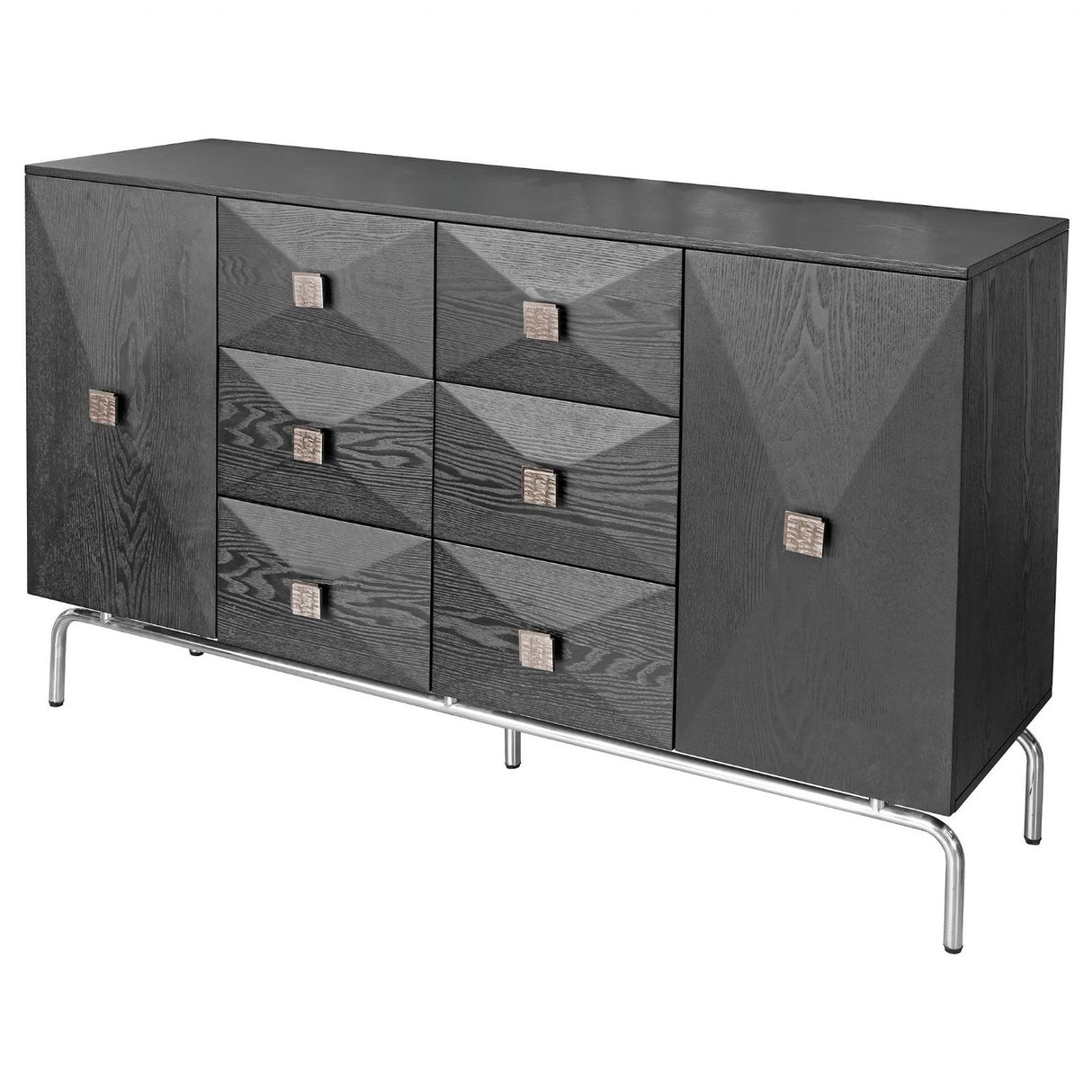 Black Oak 2 Door 6 Drawer Wide Sideboard Chrome Base