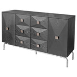 Black Oak 2 Door 6 Drawer Wide Sideboard Chrome Base