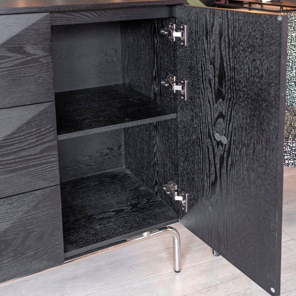 Black Oak 2 Door 6 Drawer Wide Sideboard Chrome Base