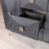 Black Oak 2 Door 6 Drawer Wide Sideboard Chrome Base