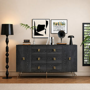 Black Oak 2 Door 6 Drawer Wide Sideboard Chrome Base