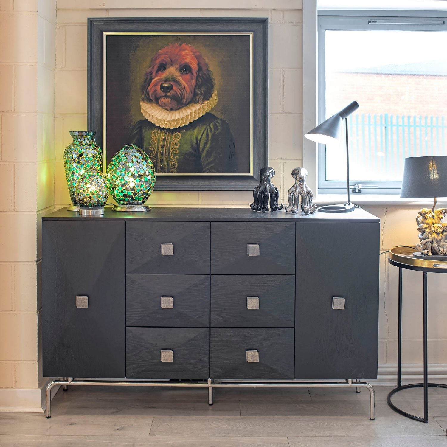 Black Oak 2 Door 6 Drawer Wide Sideboard Chrome Base