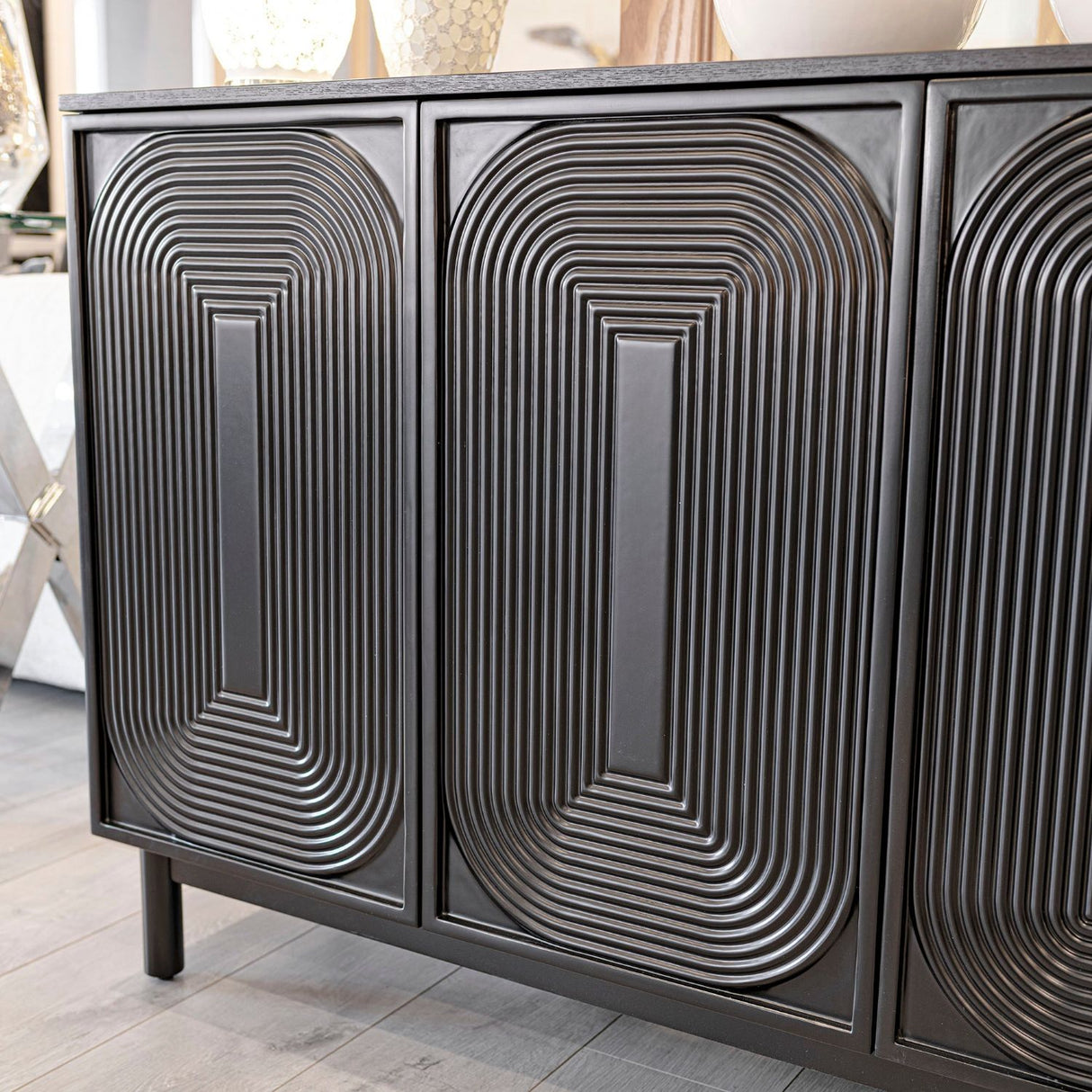 Black Wood Contour Panel Design 4 Door Wide Sideboard