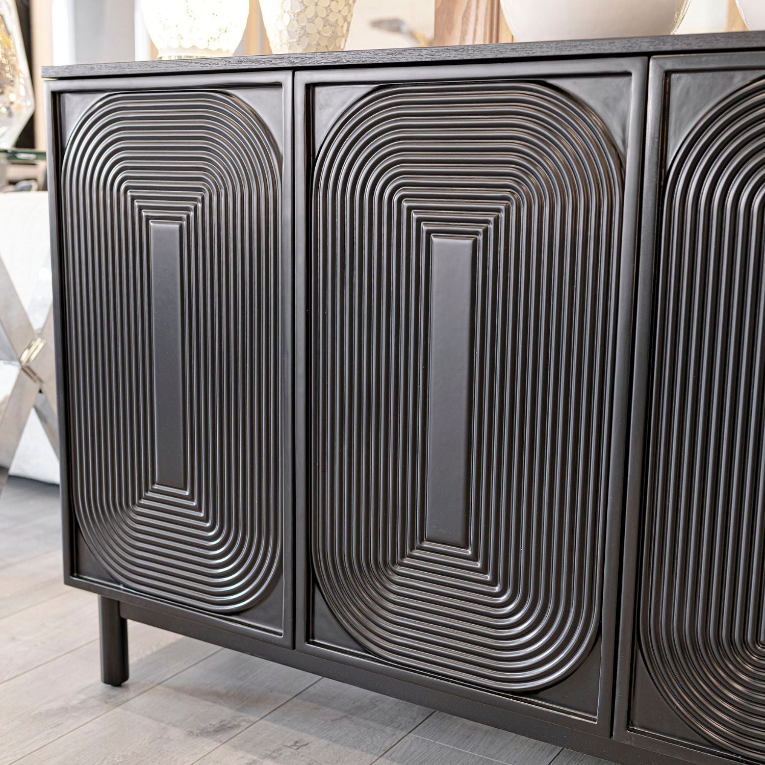 Black Wood Contour Panel Design 4 Door Wide Sideboard