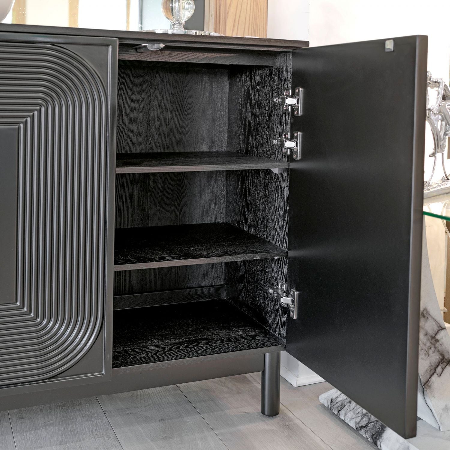 Black Wood Contour Panel Design 4 Door Wide Sideboard