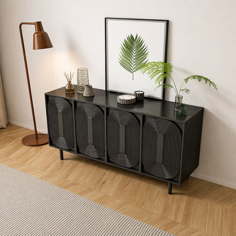 Black Wood Contour Panel Design 4 Door Wide Sideboard