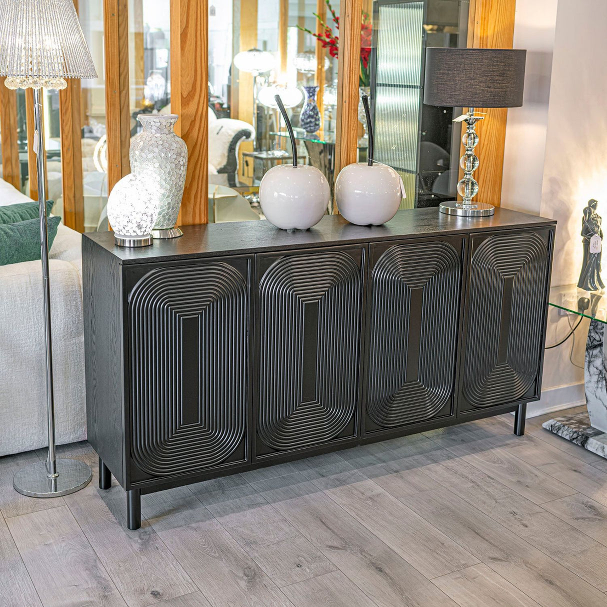 Black Wood Contour Panel Design 4 Door Wide Sideboard
