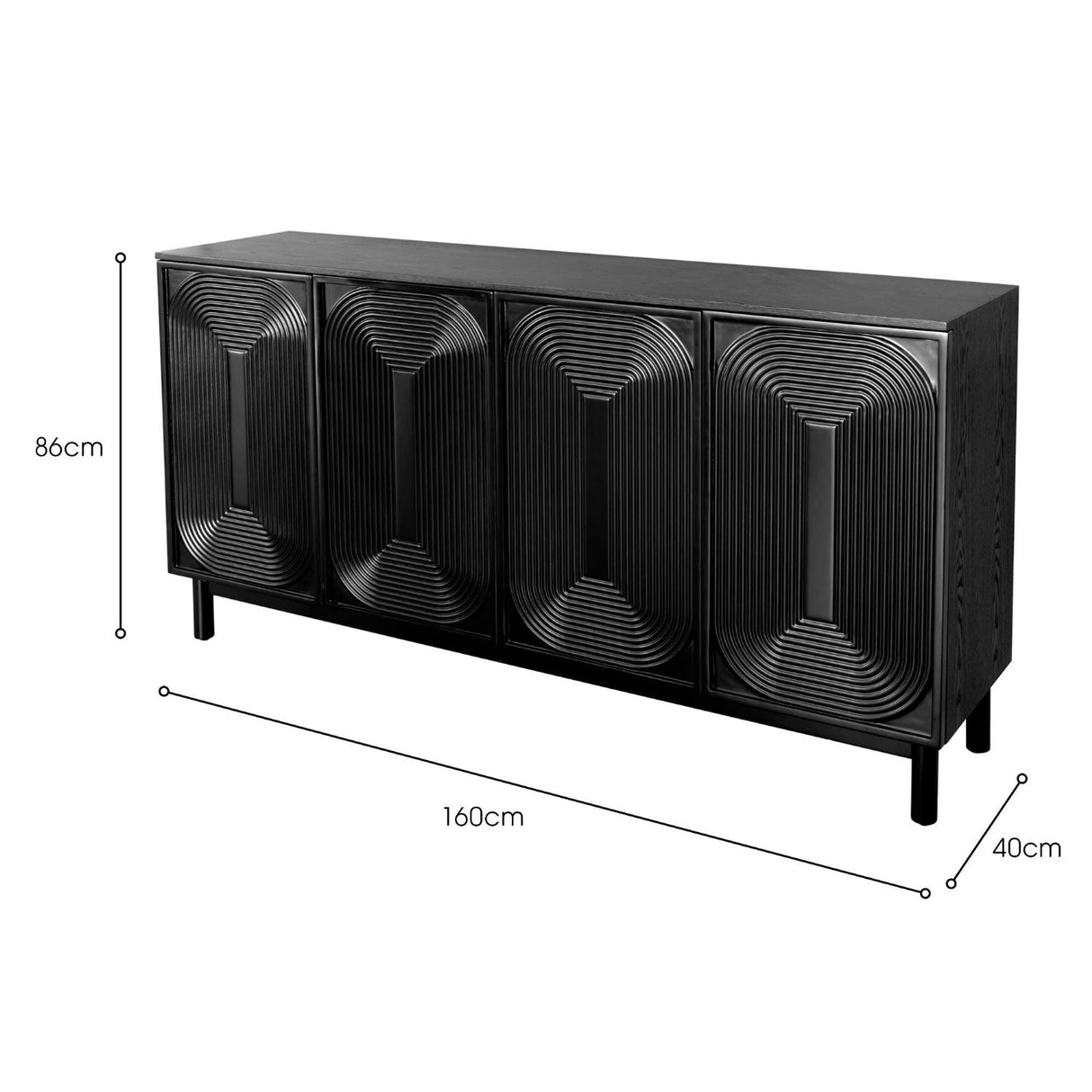 Black Wood Contour Panel Design 4 Door Wide Sideboard