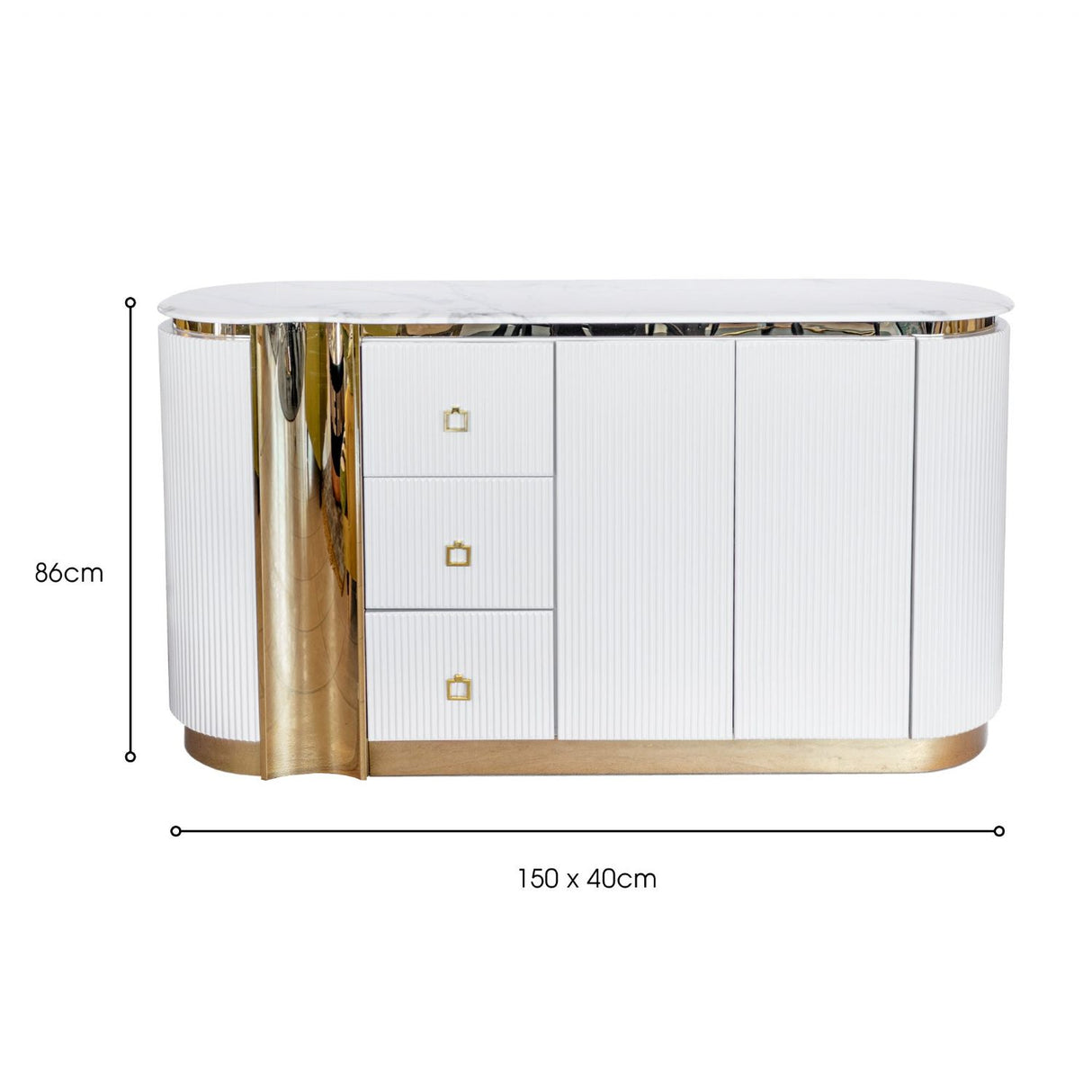Creamy White Fluted 2 Door 3 Drawer Wide Sideboard Gold Trim