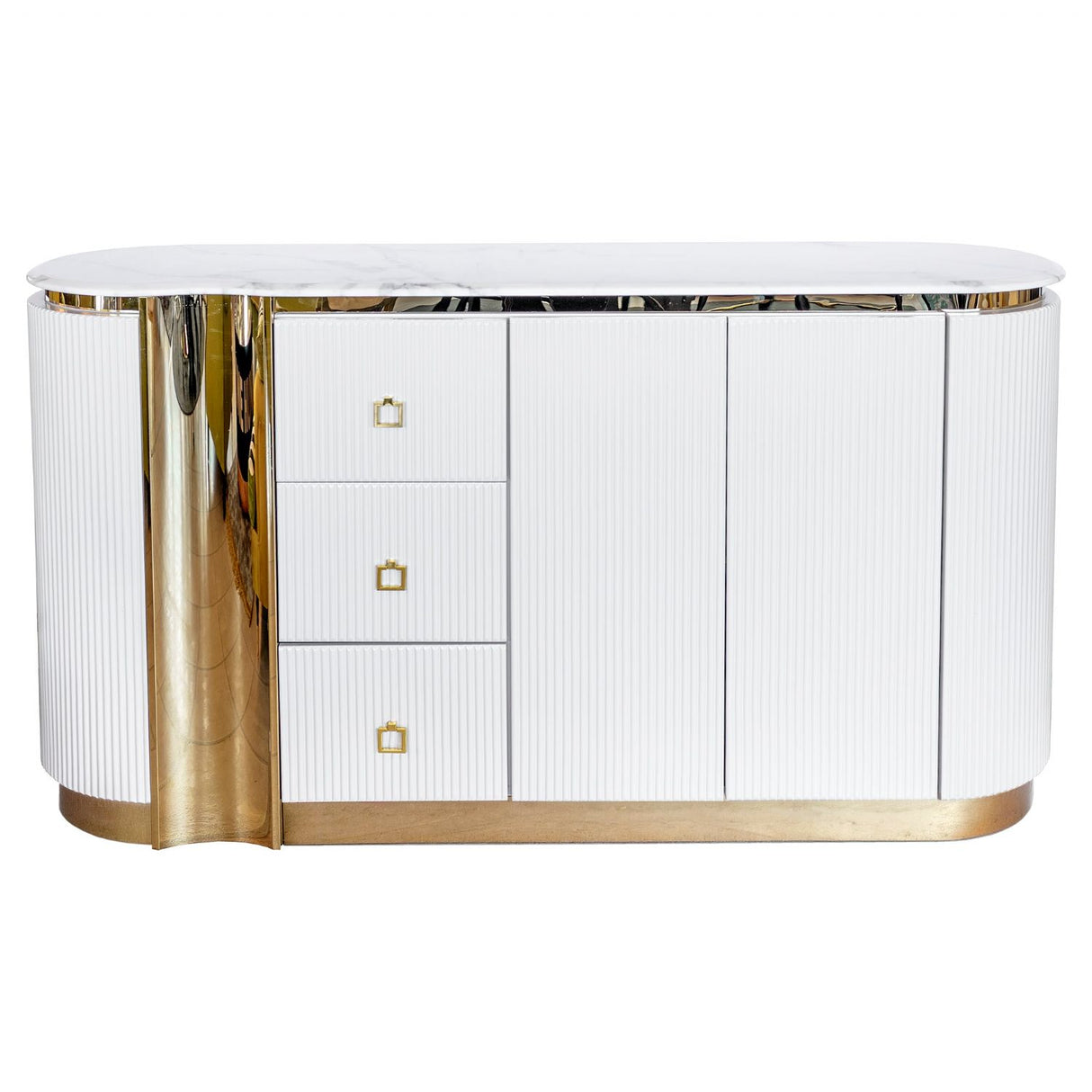 Creamy White Fluted 2 Door 3 Drawer Wide Sideboard Gold Trim
