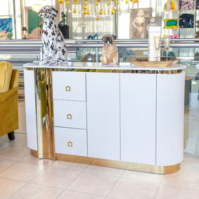Creamy White Fluted 2 Door 3 Drawer Wide Sideboard Gold Trim