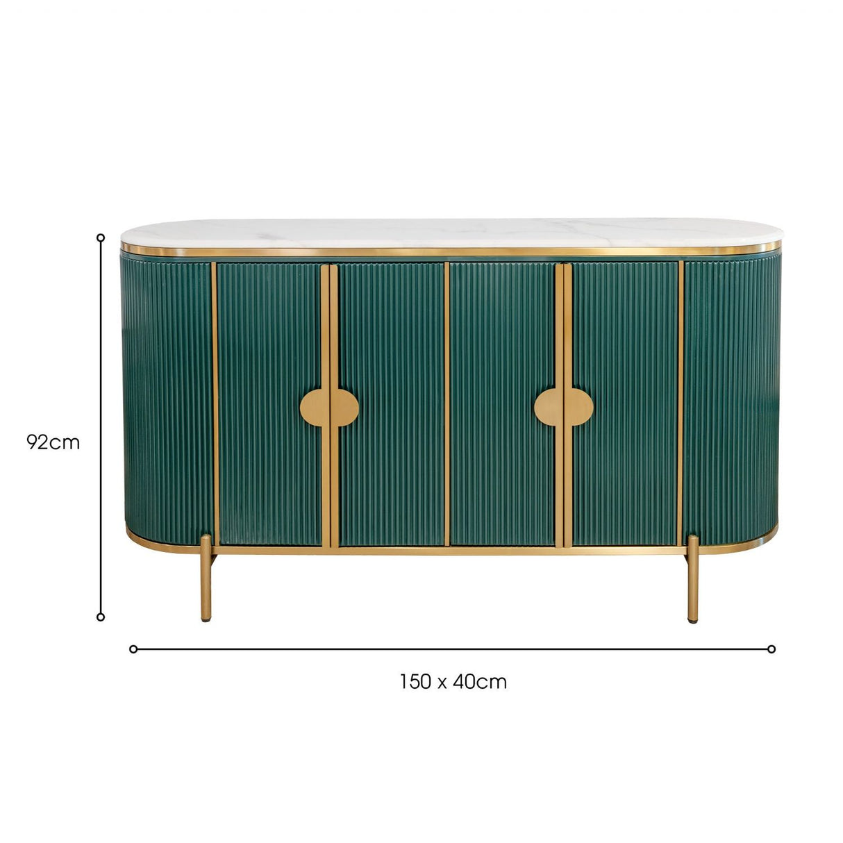 White Marble Top 4 Door Green Fluted Sideboard Gold Trimmed