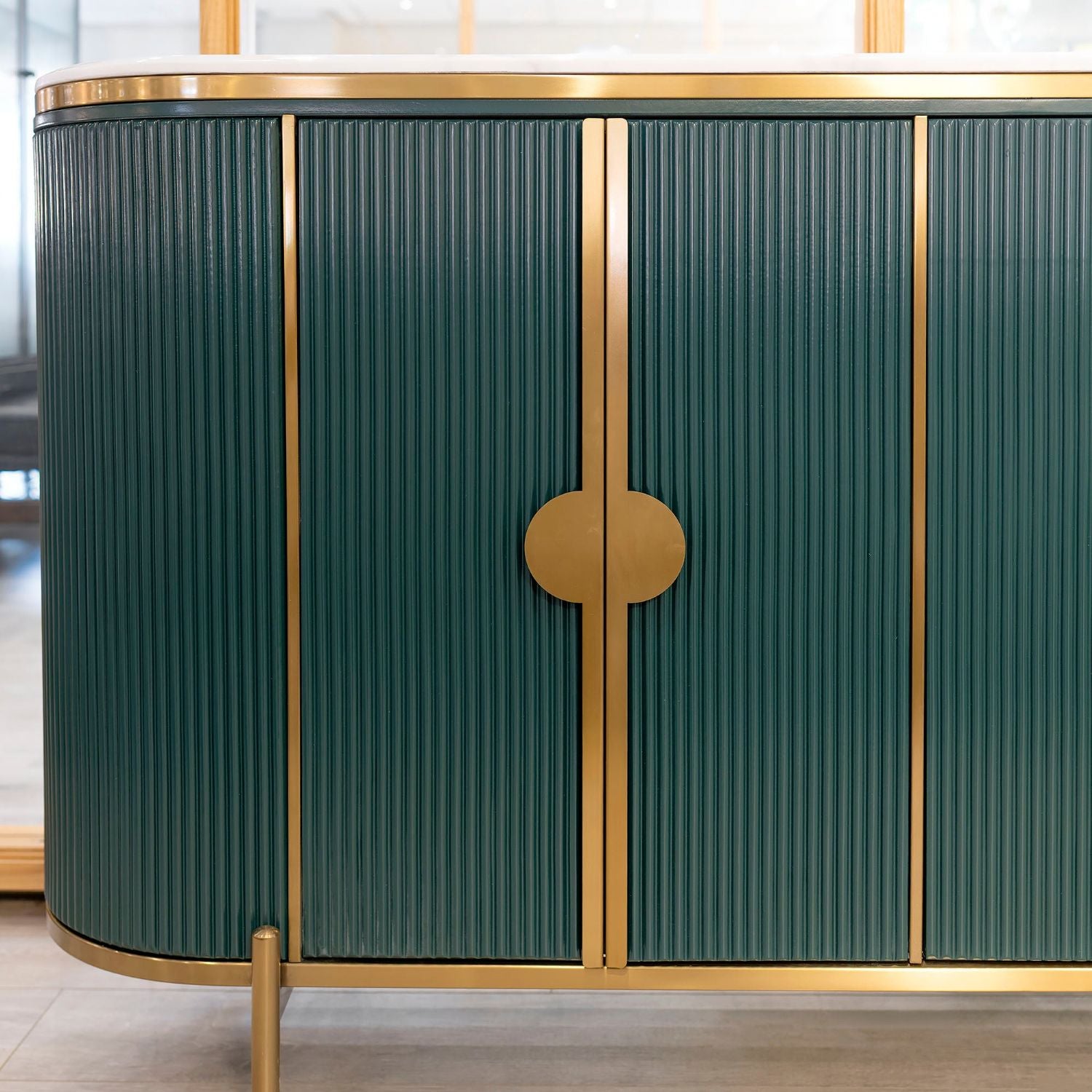 White Marble Top 4 Door Green Fluted Sideboard Gold Trimmed