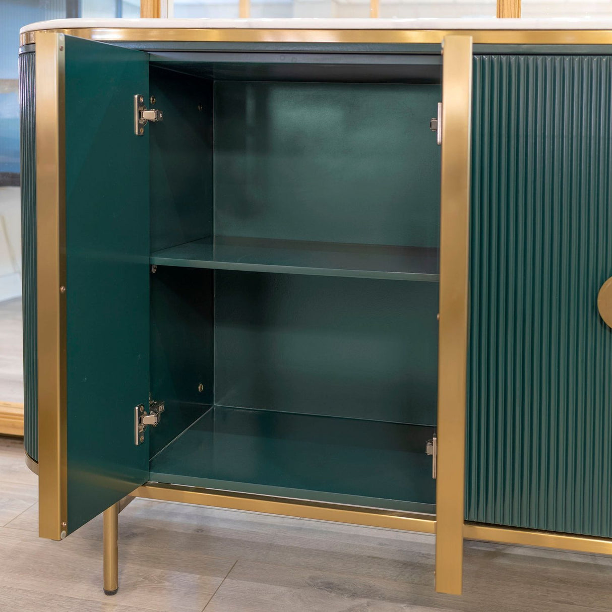 White Marble Top 4 Door Green Fluted Sideboard Gold Trimmed