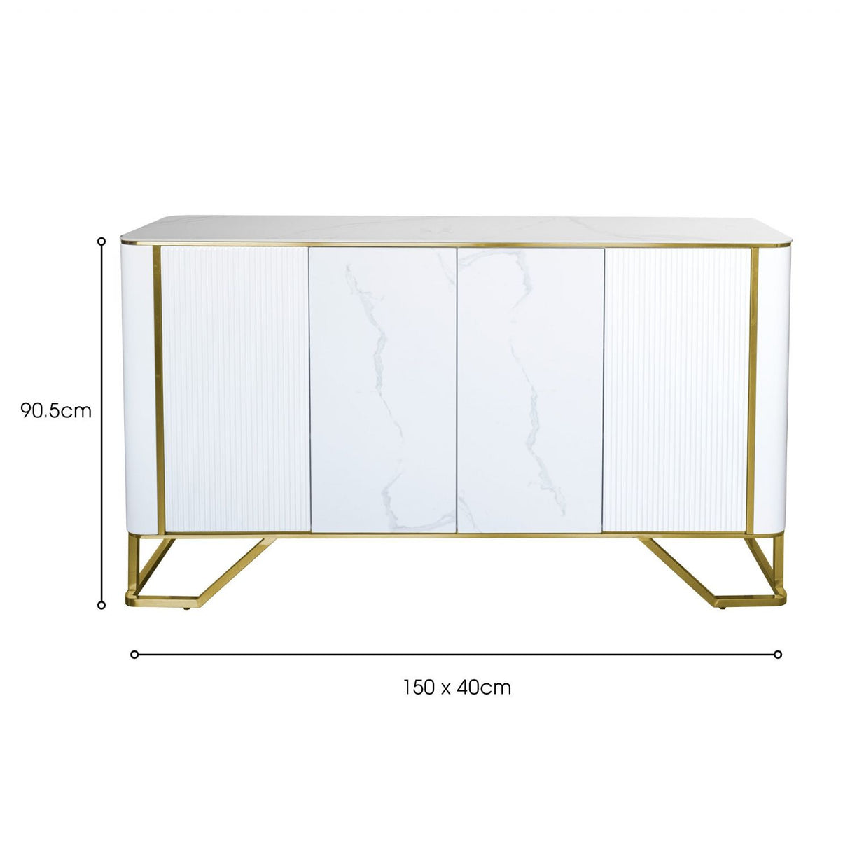 White Marble Top 4 Door Fluted Wide Sideboard Gold Trimmed