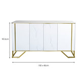 White Marble Top 4 Door Fluted Wide Sideboard Gold Trimmed