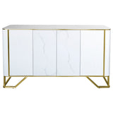 White Marble Top 4 Door Fluted Wide Sideboard Gold Trimmed