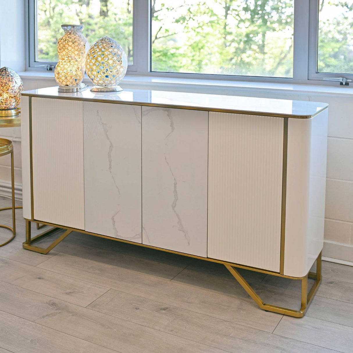White Marble Top 4 Door Fluted Wide Sideboard Gold Trimmed
