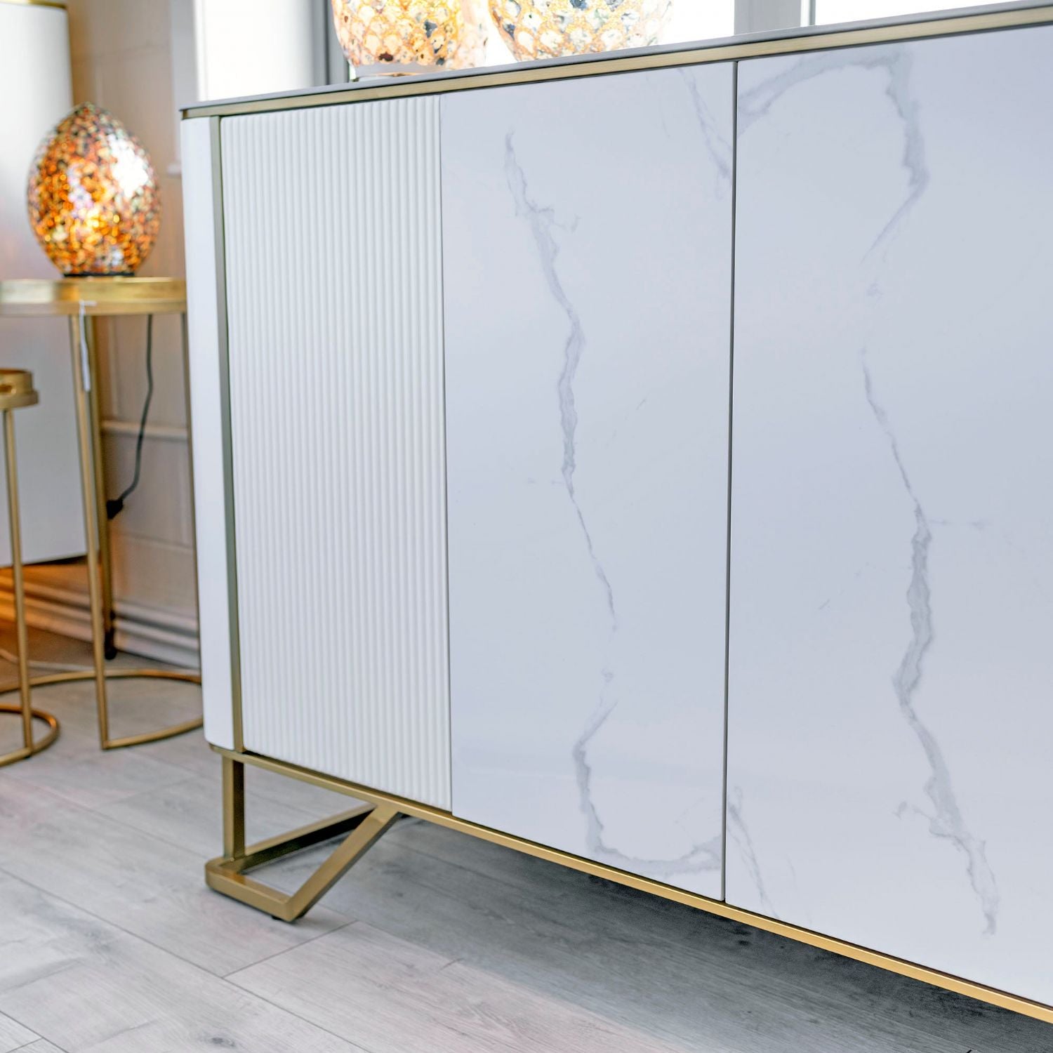 White Marble Top 4 Door Fluted Wide Sideboard Gold Trimmed