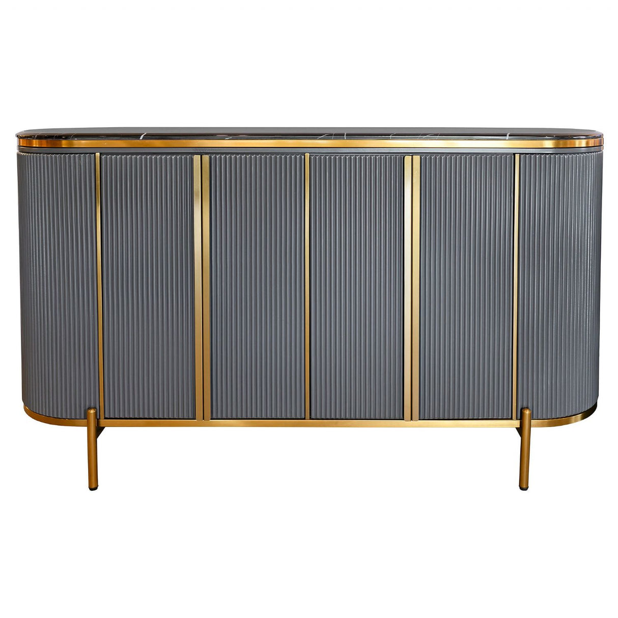 Black Marble Top 4 Door Grey Ribbed Sideboard Gold Trimmed
