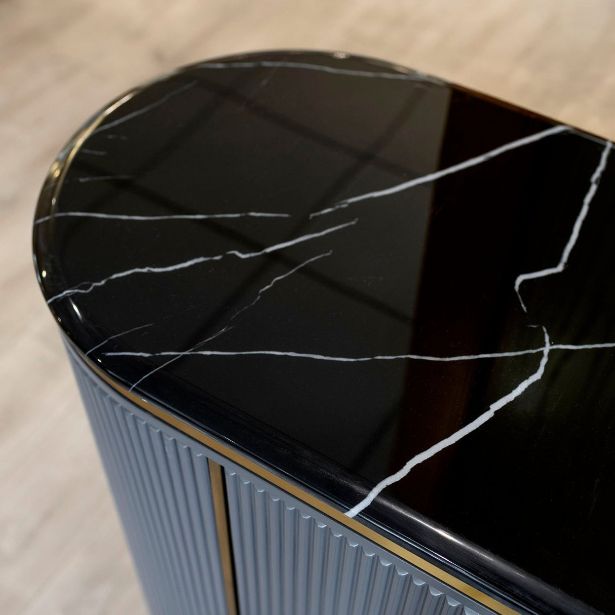 Black Marble Top 4 Door Grey Ribbed Sideboard Gold Trimmed