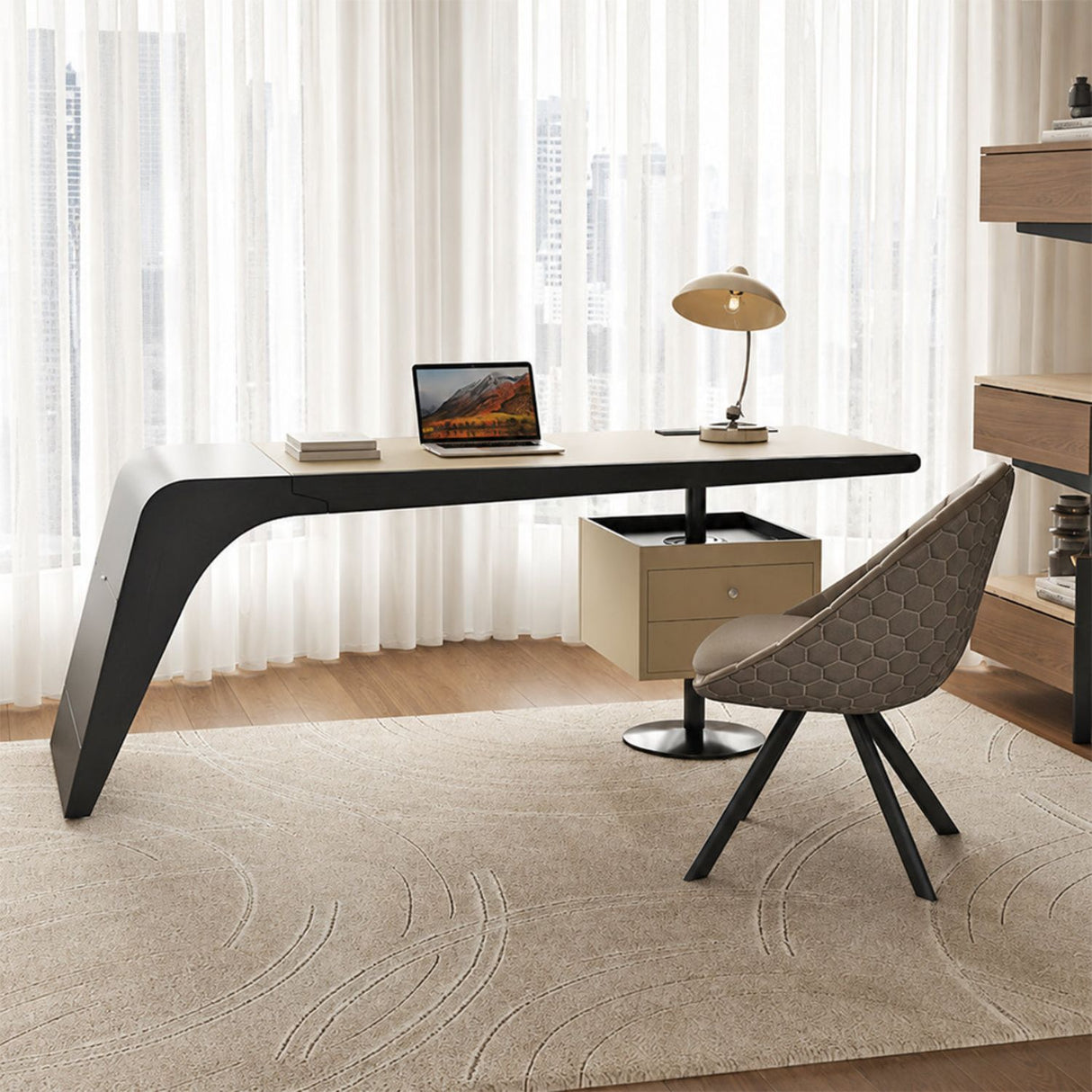Taupe Leather Effect Top 2 Drawer Arc Design Executive Desk