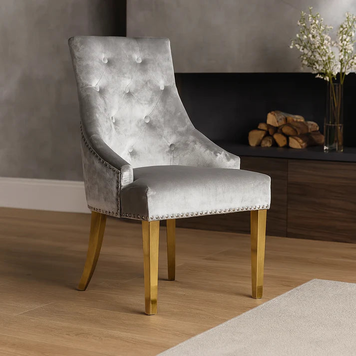Luxury Silver Grey Shimmer Velvet Dining Chair with Lion Knocker and Gold Legs