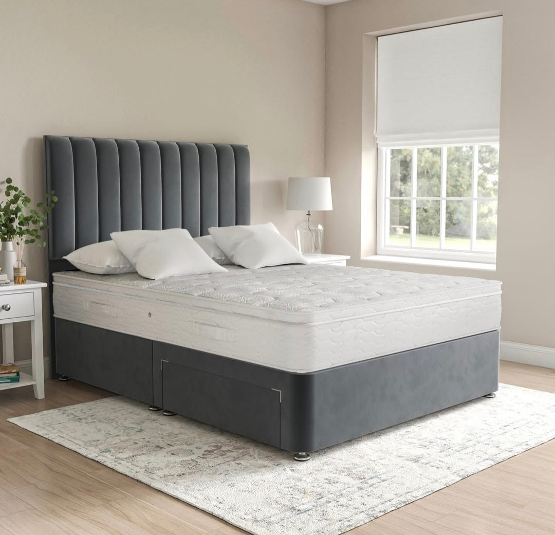 Grey Velvet Divan Bed Set with Headboard and Mattress