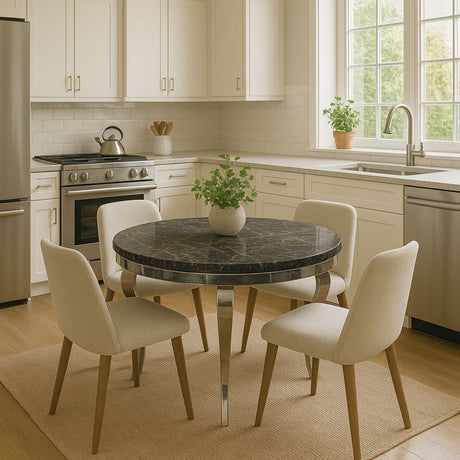 Luxury Grey Marble Effect Round Dining Table with Chrome Curved Legs