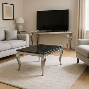 Luxury Black Marble Effect Coffee Table with Chrome Italian Style Legs