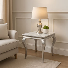 Luxury White Marble Effect Lamp Table with Chrome Curved Legs
