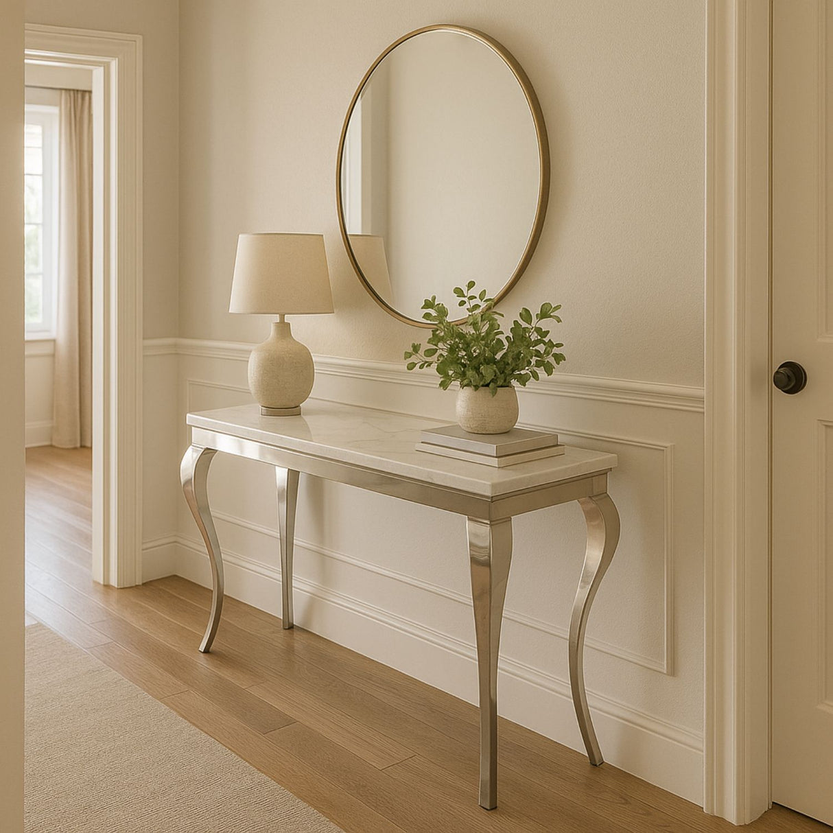 Luxury White Marble Effect Rectangular Console Table with Chrome Legs