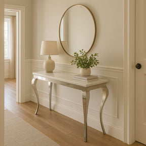 Luxury White Marble Effect Rectangular Console Table with Chrome Legs