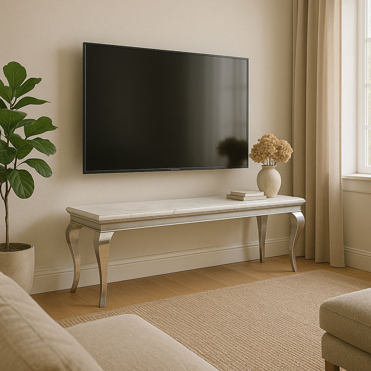 Italian Marble Top TV Stand with Polished Chrome Frame and Curved Legs