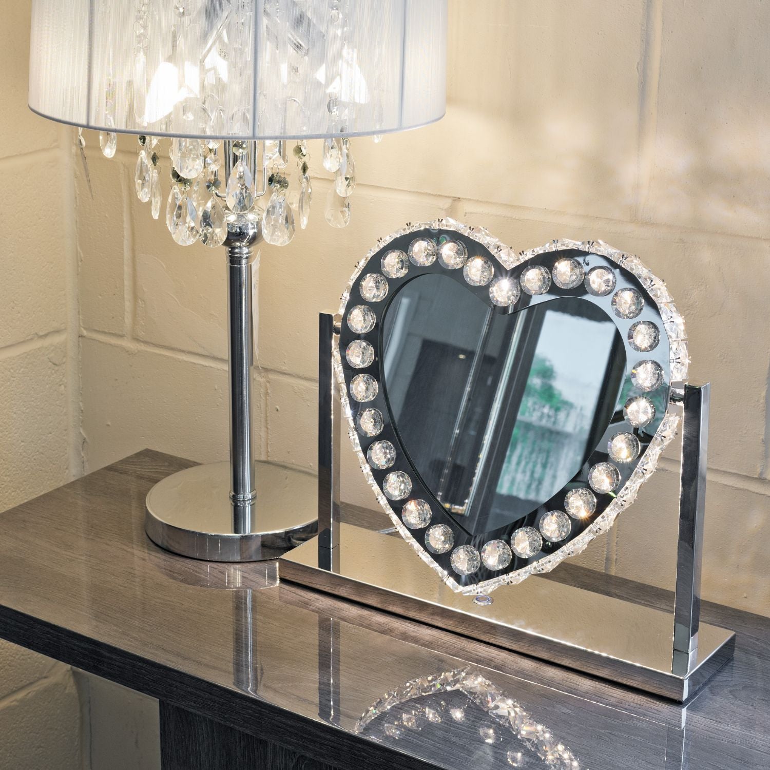 Glass Crystal Heart Light Up Mirror