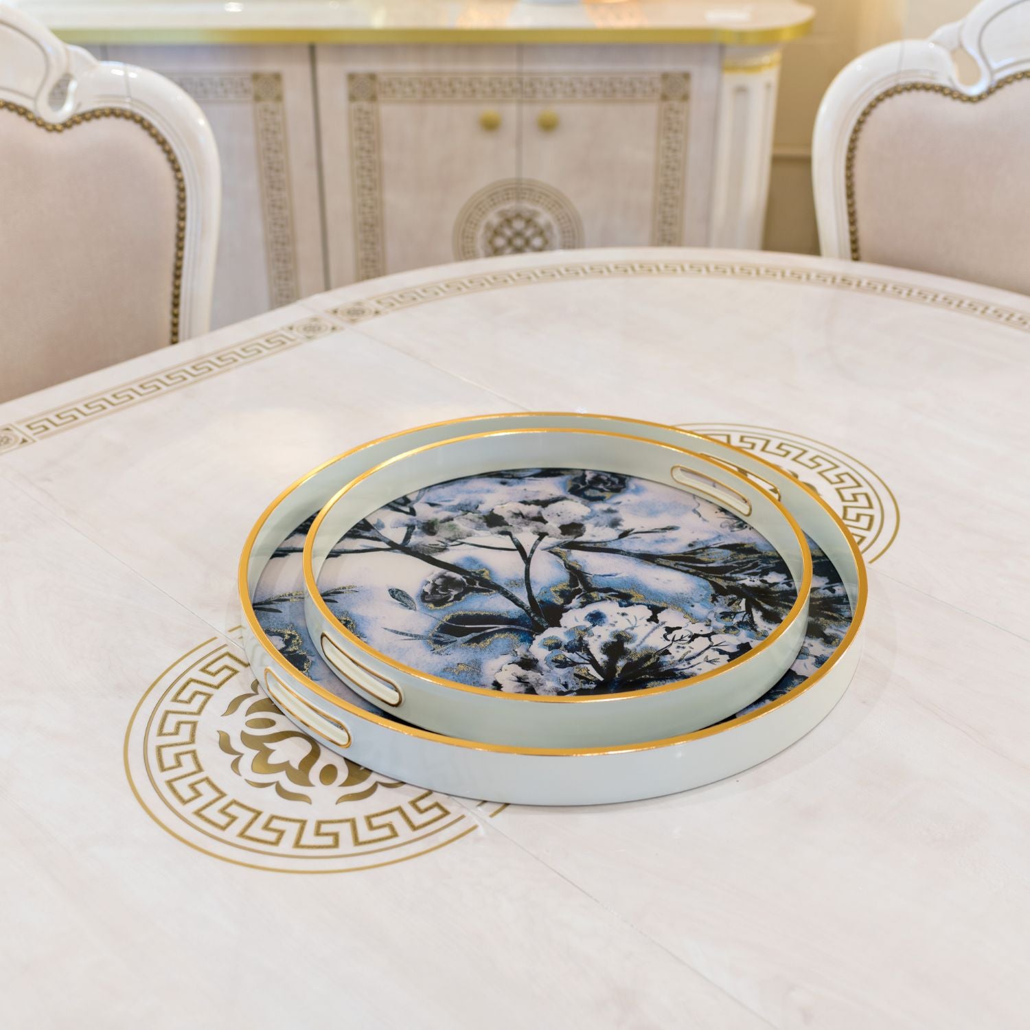 Circular Tray Set White Flower Design
