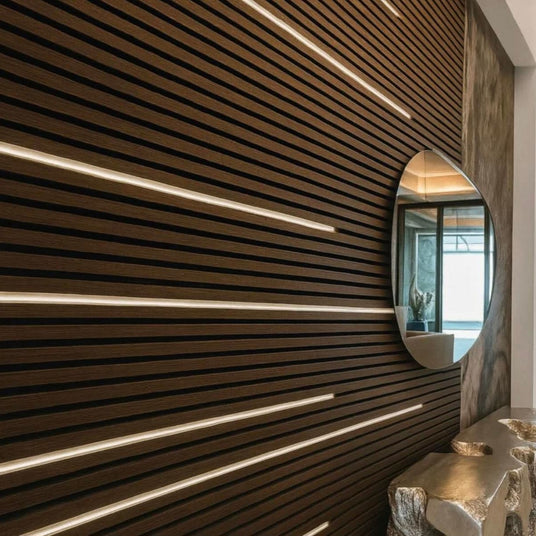 Walnut acoustic wall panel by AWS, 60x280cm, showcasing textured wood grain and sound-absorbing surface for interior decor.