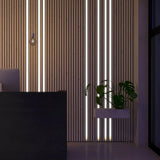 A modern interior scene with vertical wood slats and integrated LED light strips, a dark reception desk on the left, and a potted green plant in a white planter on the right.